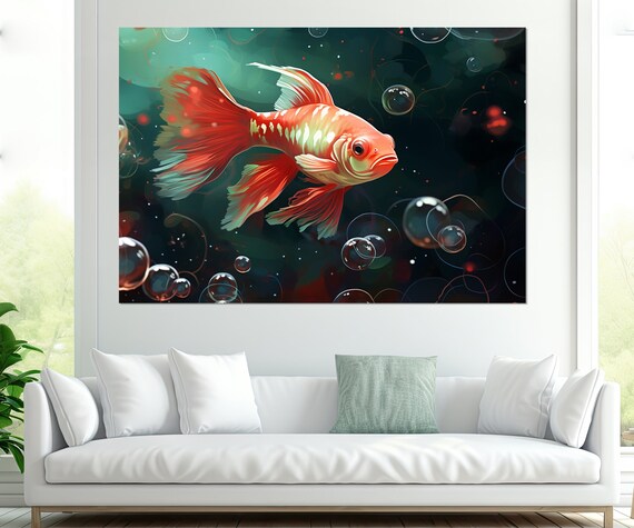 Abstract Fish Painting Print Gold Fish Wall Art Aquarium Fish Art Nautical Wall Decor Framed And Ready To Hang