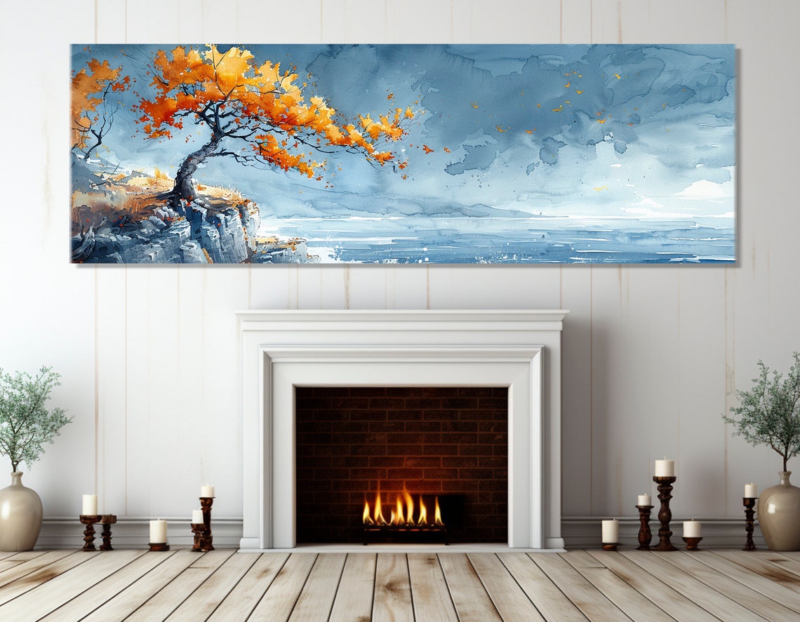 Lonely Orange Autumn Tree On Windy Ocean Cliff Watercolor Poster