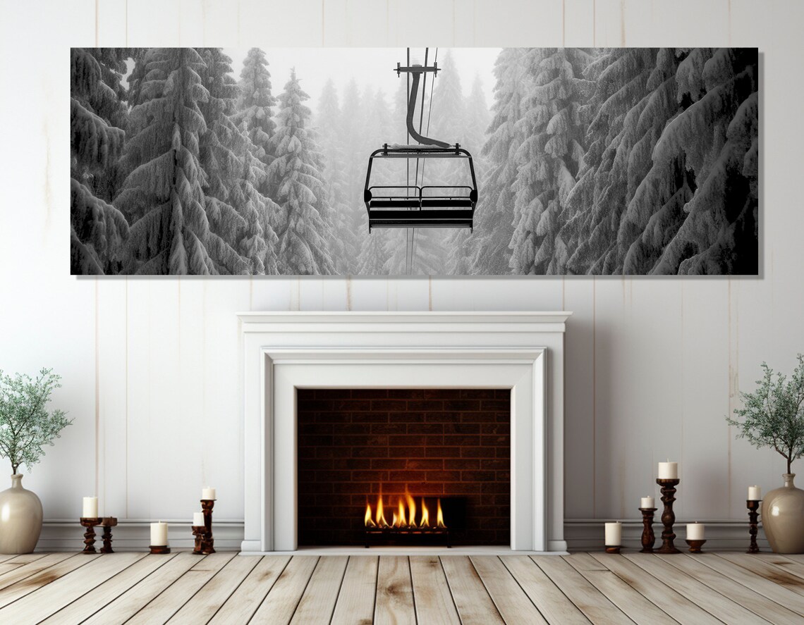 Ski Lift Black and White Art Print, Winter Decor