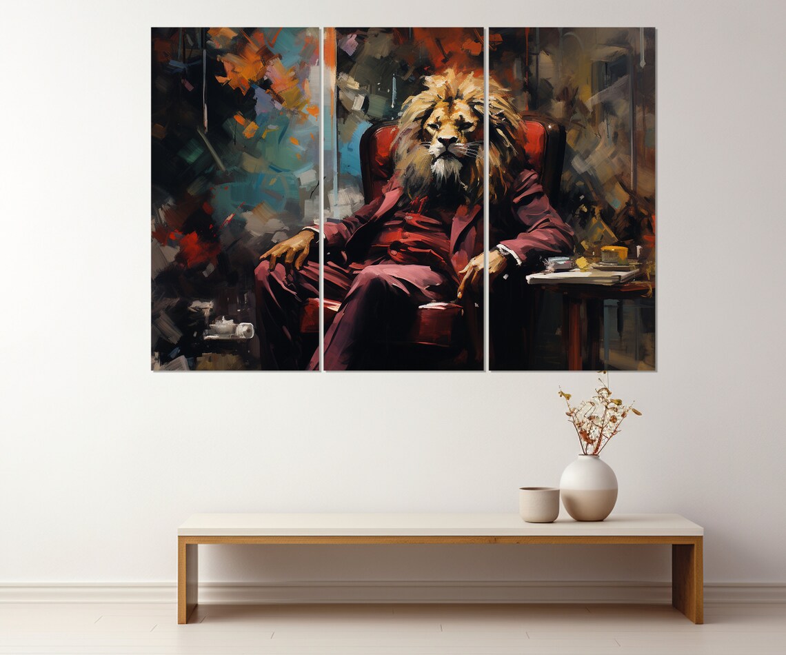 Lion In A Suit Boss Sitting In Armchair Funny Animal Portrait Art Poster - Image 4