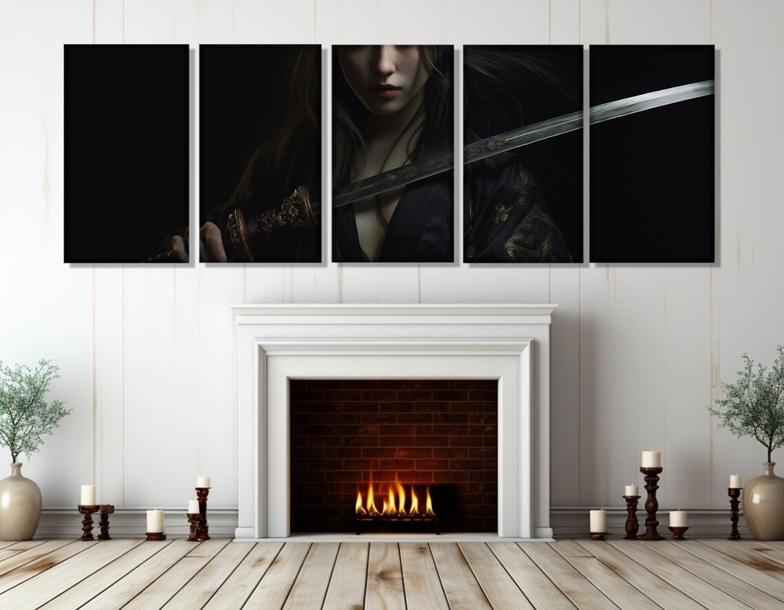 Samurai Woman Katana Dark Moody Japanese Warrior Portrait Wall Art - Image 3