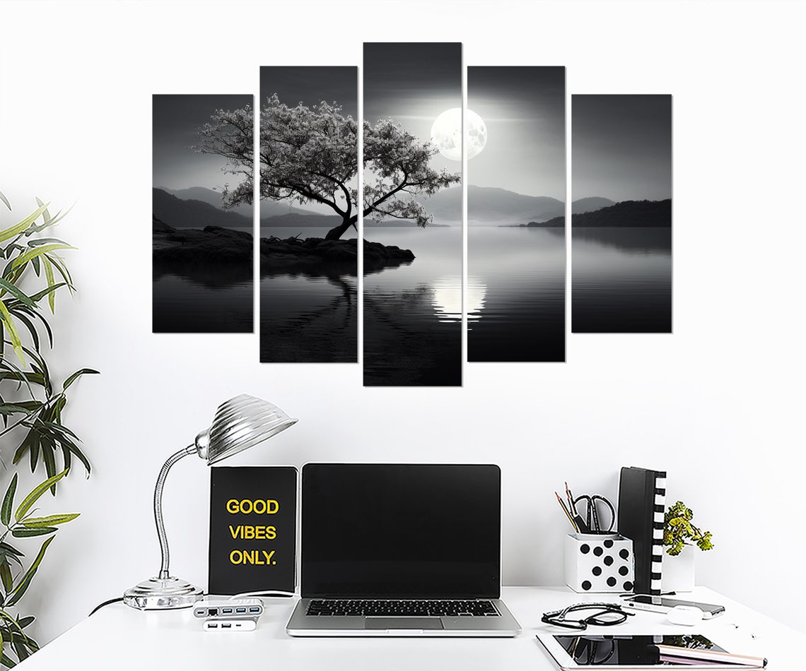 Black And White Lone Tree On A Moonlit Lake Island At Night Poster - Image 3