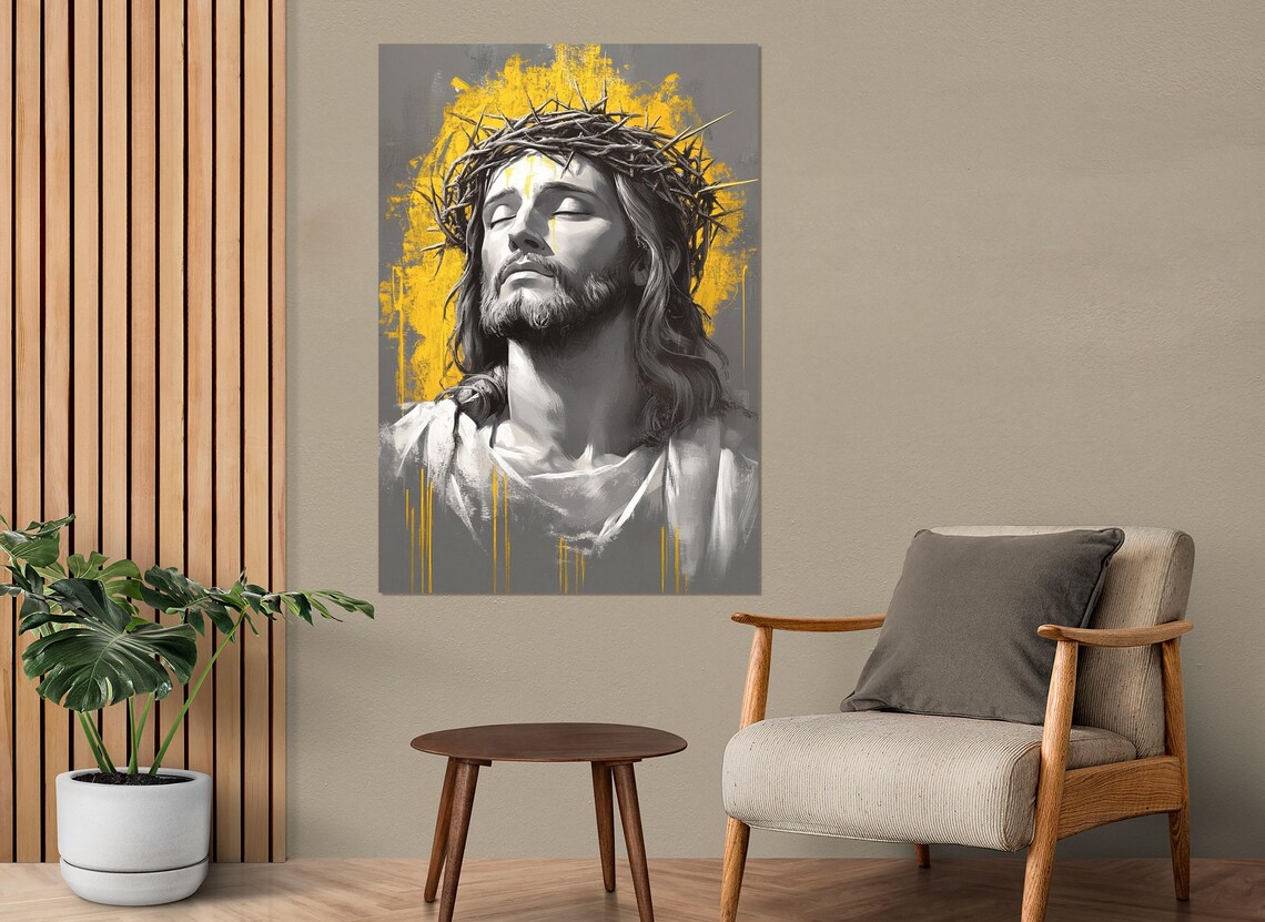 Jesus Christ Crown Of Thorns Grey Gold Portrait Modern Religious Wall Poster - Image 3