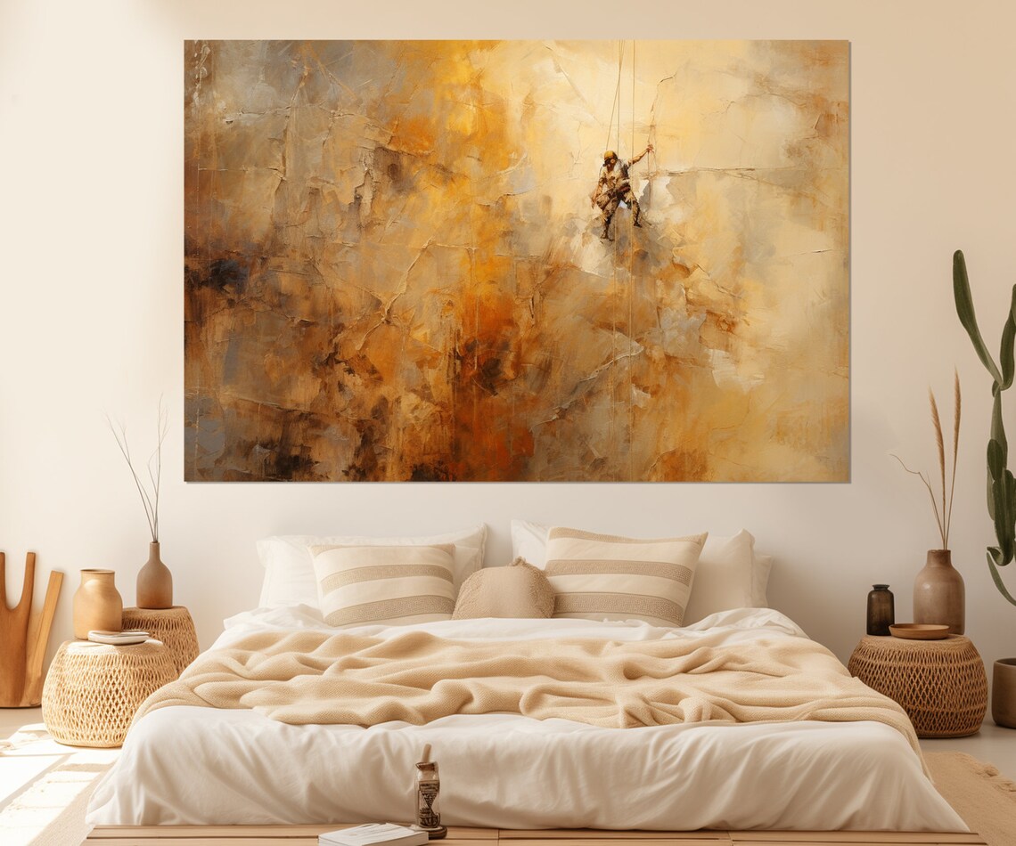 Abstract Rock Climber Golden Cliff Painting Modern Sports Wall Art Poster
