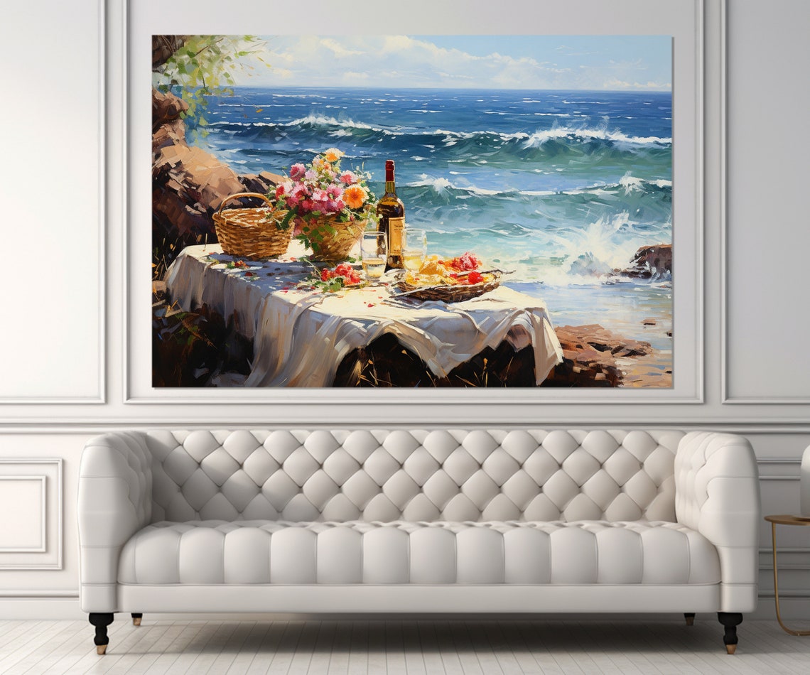Impressionist Seaside Picnic Wine Flowers Ocean Waves Painting Poster - Image 4