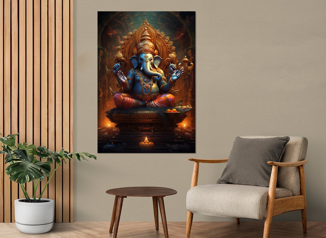 Lord Ganesha Seated On Throne Golden Halo Hindu God Wall Poster - Image 2