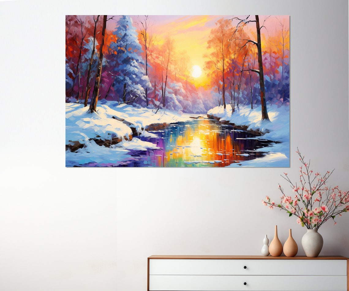 Winter Forest River Sunset Snow Colorful Reflection Wall Poster