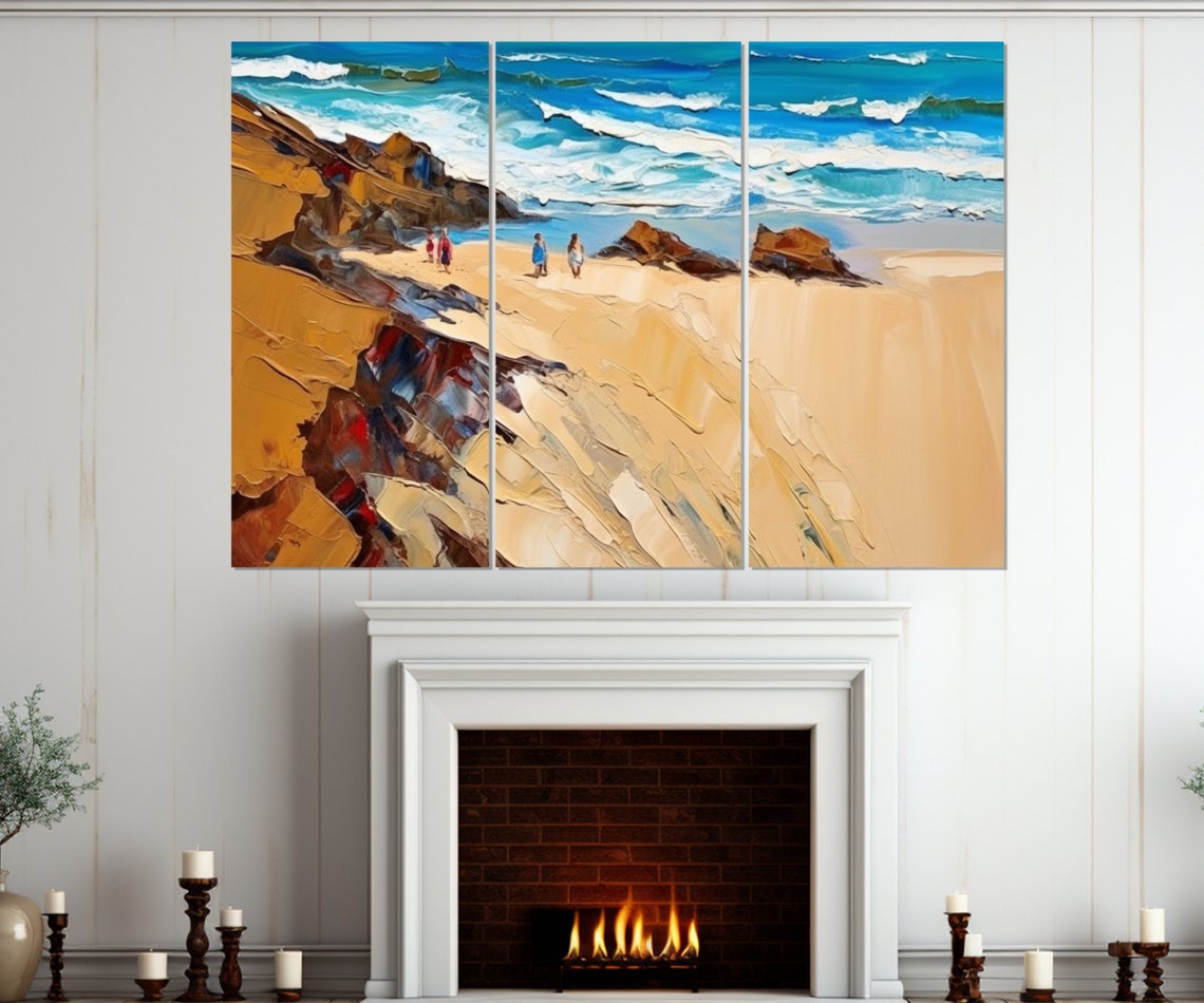 Golden Sandy Beach Turquoise Waves Rocky Cliffs Ocean Art Poster - Image 2
