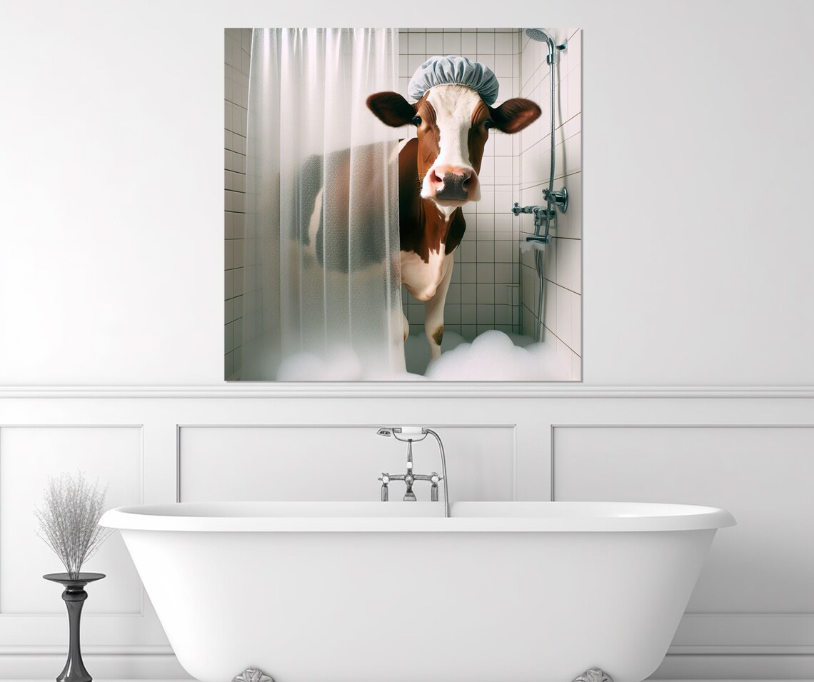 Funny Cow Wearing Shower Cap Standing in Shower Bathroom Animal Poster - Image 2