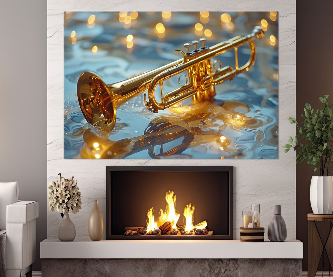 Golden Trumpet on Shimmering Water Abstract Reflection Musician Gift Wall Art Print