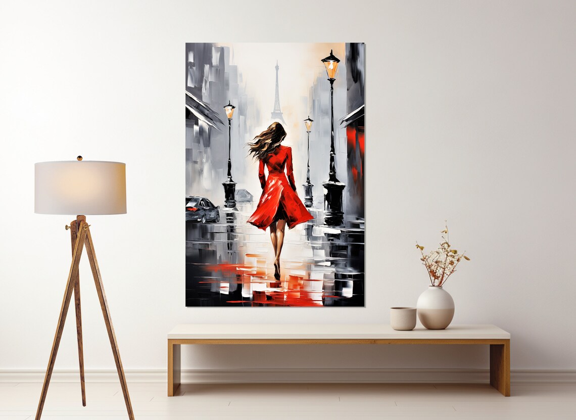 Paris Lady in Red Eiffel Tower Rainy Street Romantic Travel Poster - Image 3