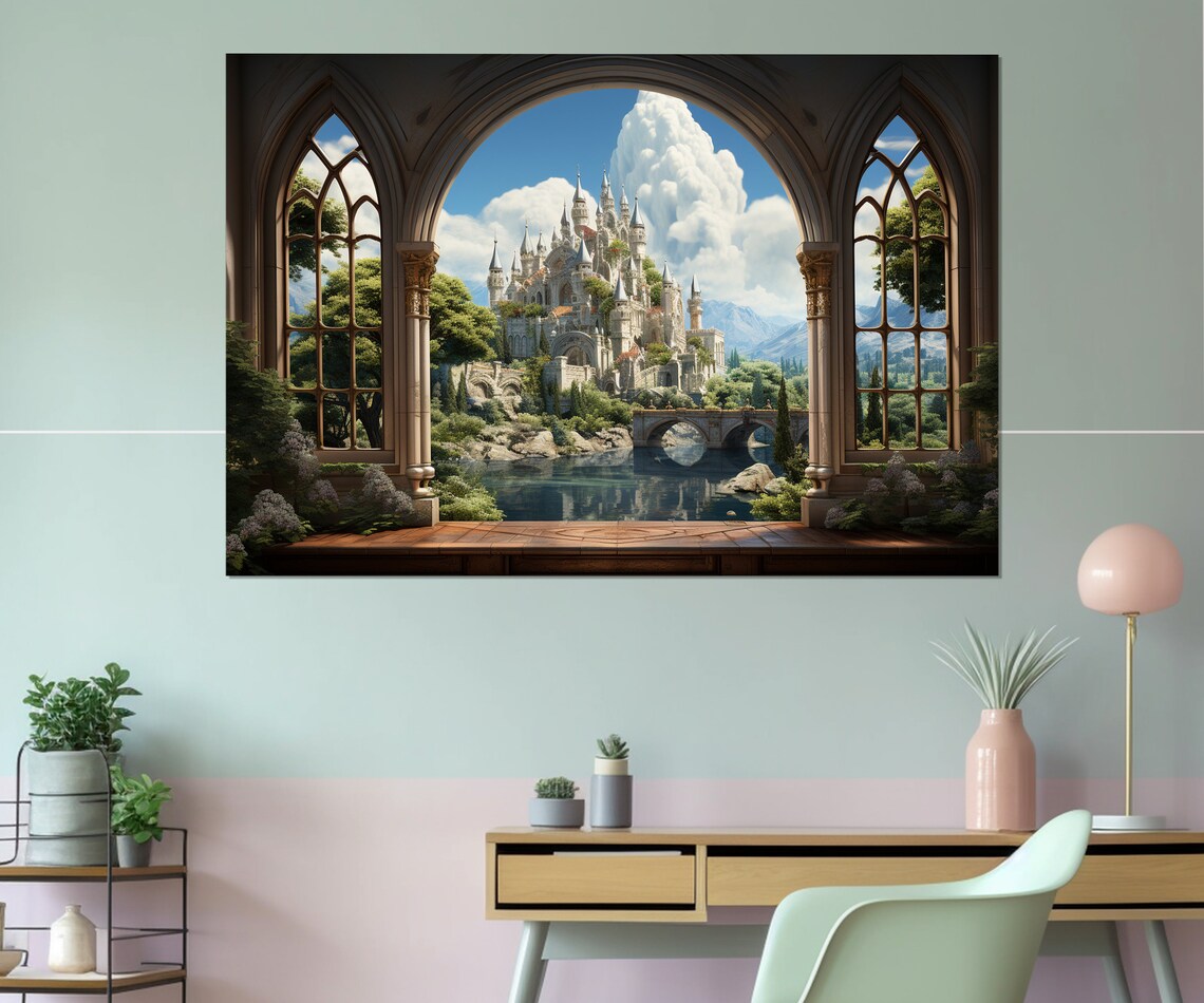 Fairytale Castle Through Gothic Stone Window Bridge Lake Fantasy Wall Poster