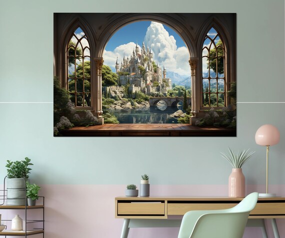 Fairytale Castle Through Gothic Stone Window Bridge Lake Fantasy Wall Poster