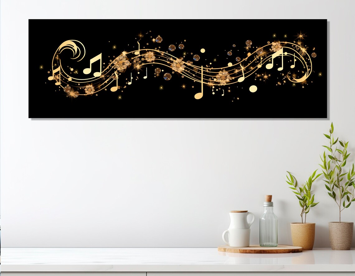 Golden Music Notes Black Sparkling Abstract Melody Musician Wall Art