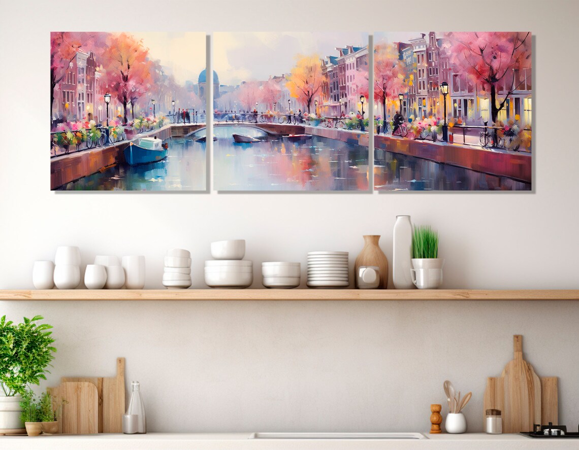 Amsterdam Canal Spring Blossom Pink Trees Bridge Boats Painting Poster - Image 3