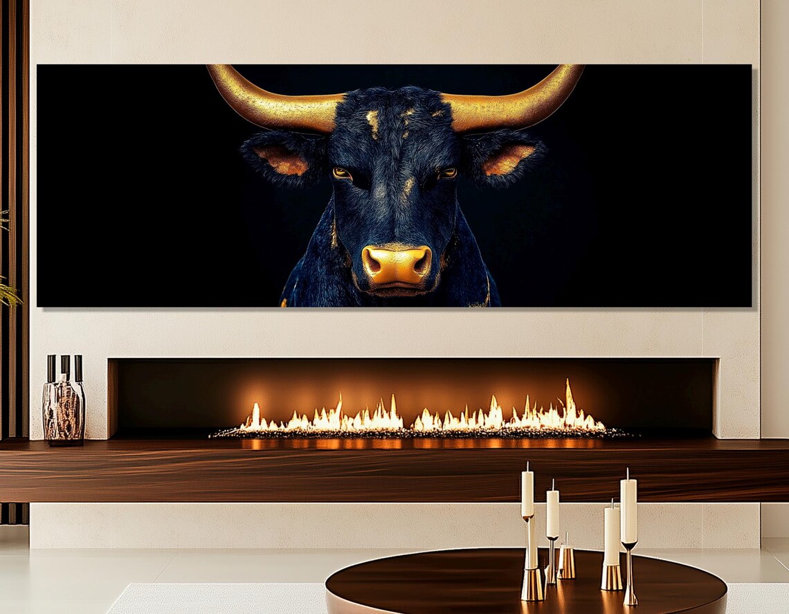 Texas Longhorn Black Bull Golden Horns Dramatic Dark Wall Art Print