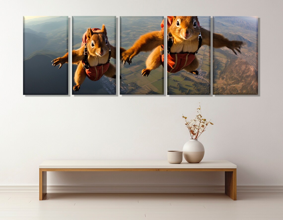 Wingsuit Skydiving Squirrels Flying Over Green Fields Funny Animal Poster - Image 3