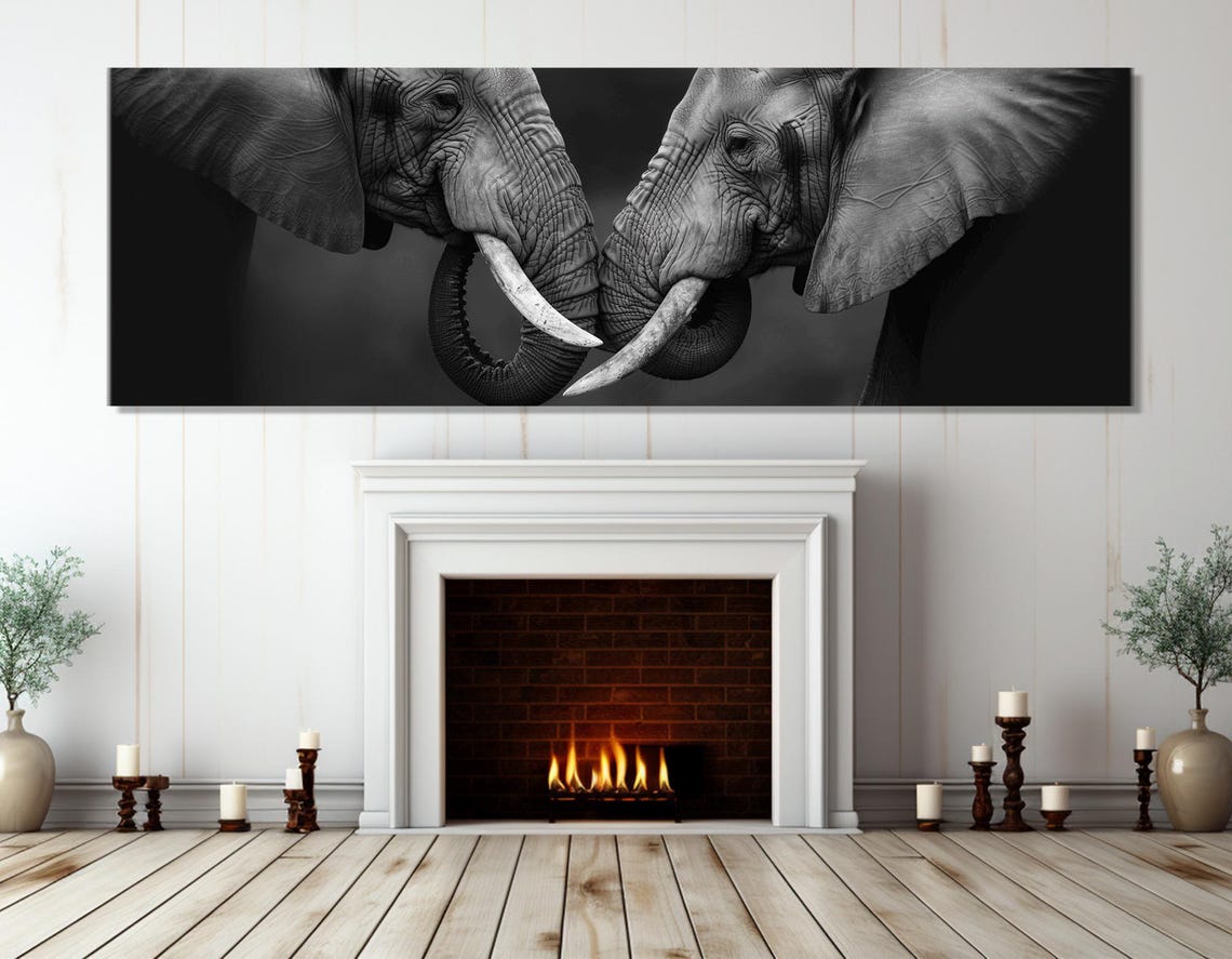 Two Elephants Head To Head Black And White Wildlife Panoramic Poster