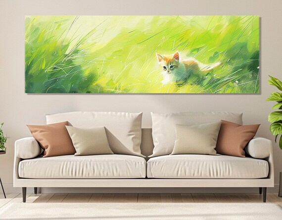 Orange Kitten Tall Green Grass Watercolor Nursery Animal Art Poster