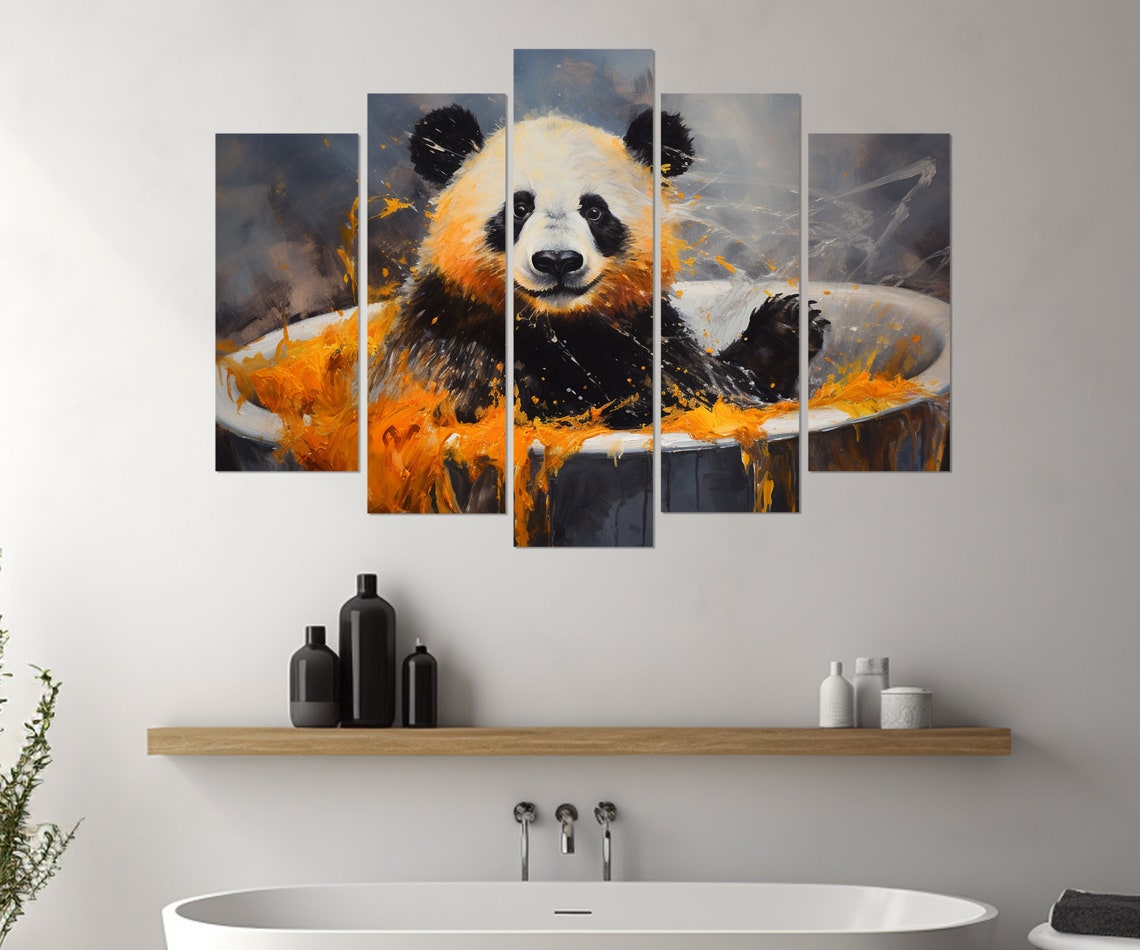 Cute Panda Bathtub Orange Paint Splashes Playful Nursery Wall Art - Image 4