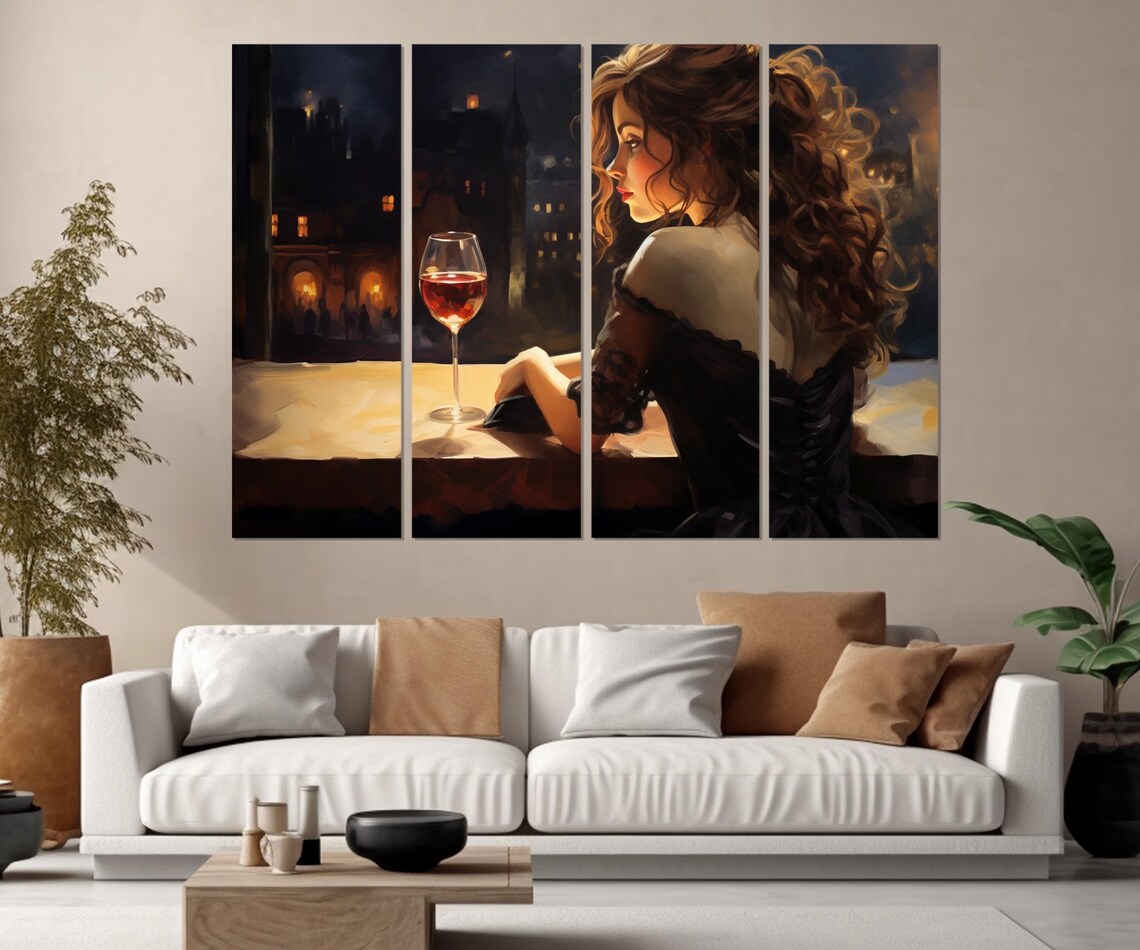 Elegant Lady With Red Wine Glass Night City Lights Romantic Painting Poster - Image 2