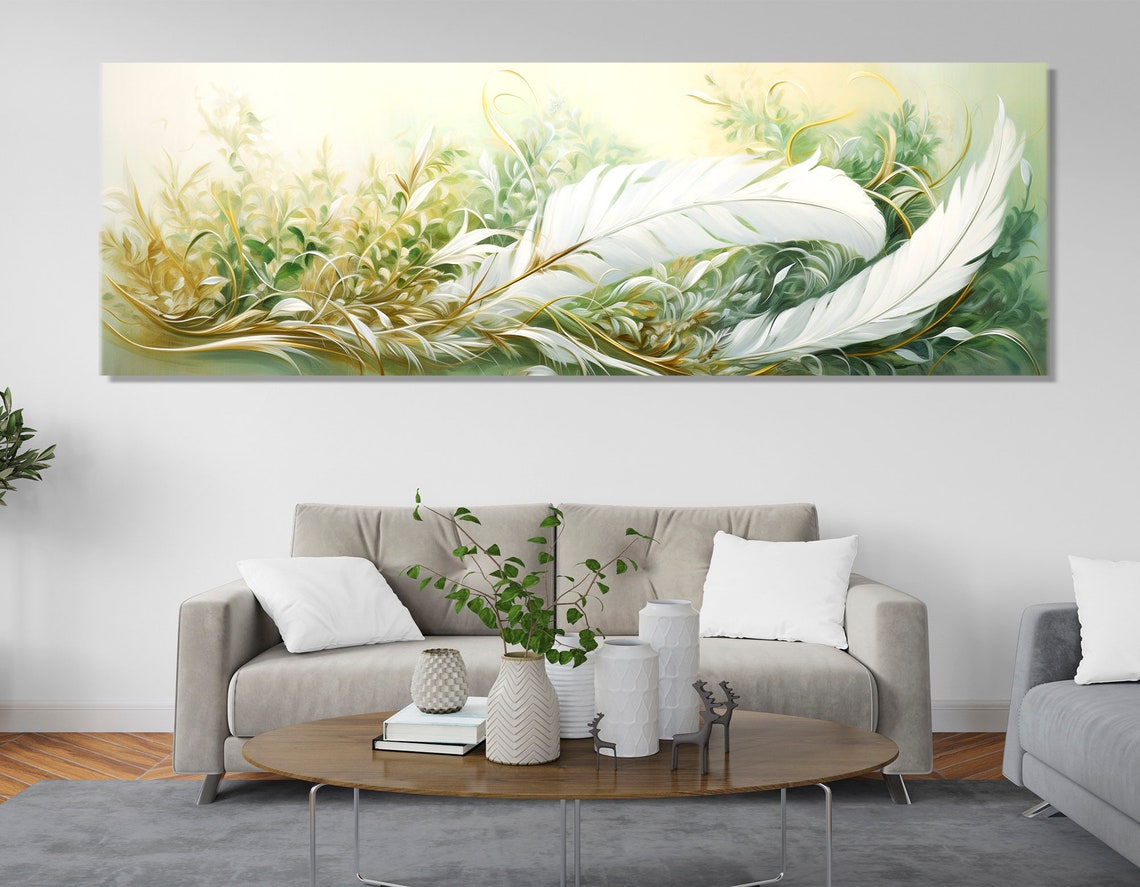 White Feathers Green Botanical Abstract Painting Panoramic Wall Art - Image 2