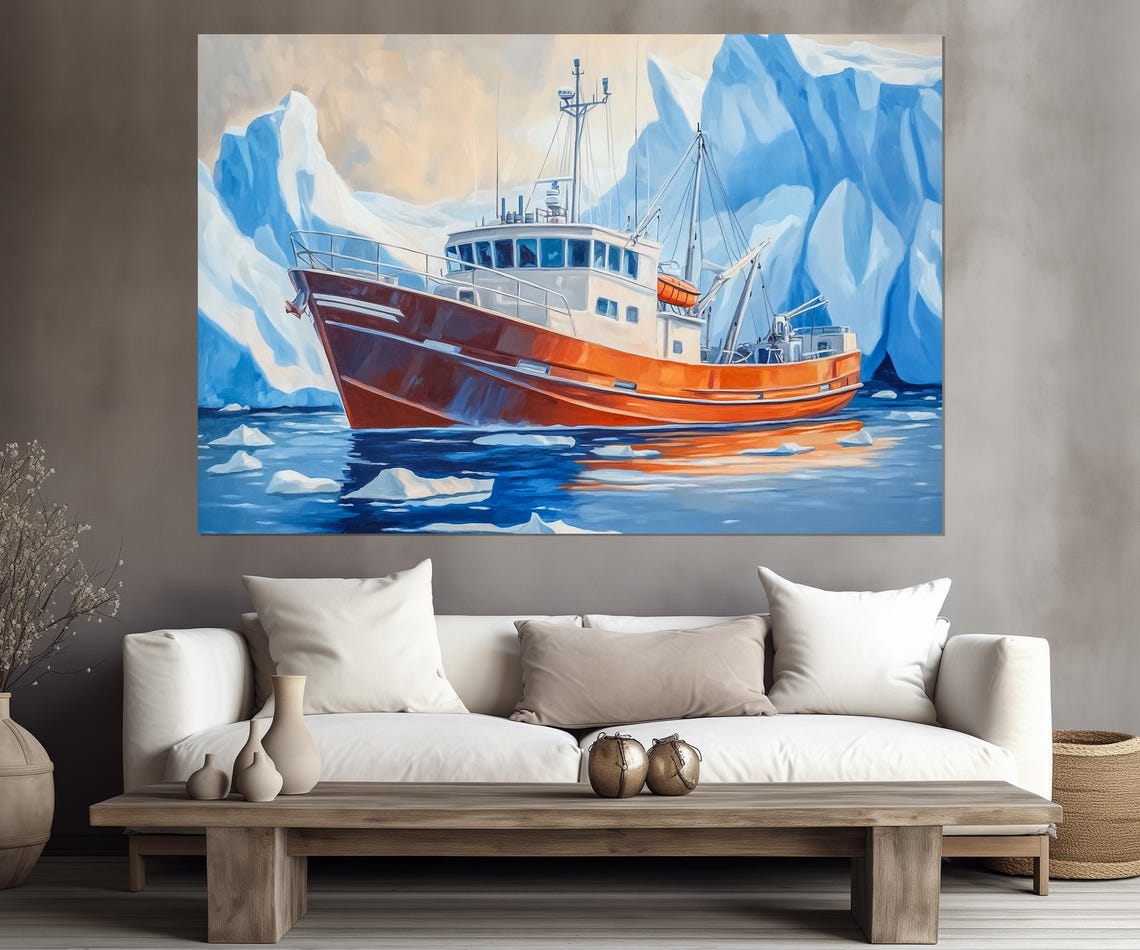 Fishing Boat In Northern Sea Print Motor Boat In Glaciers Painting Fishing Boat Wall Art Framed And Ready To Hang