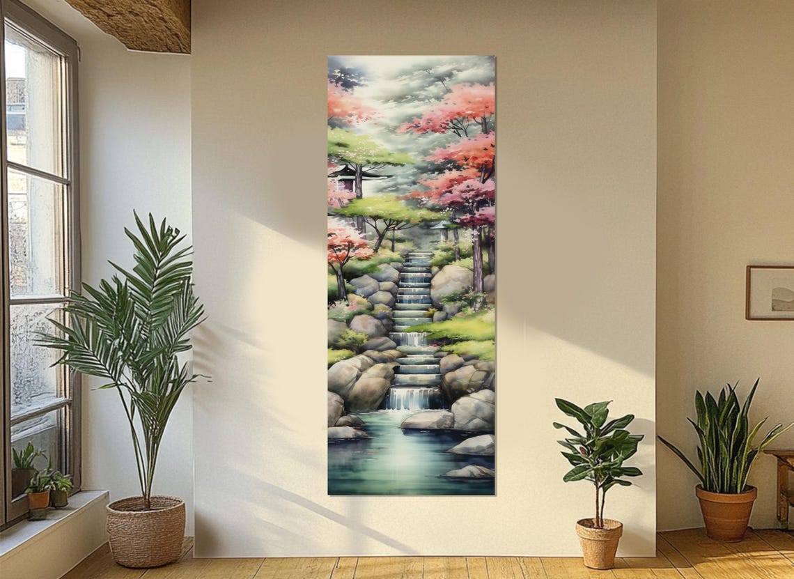 Japanese Garden Stone Steps Waterfall Stream Blossom Serene Poster - Image 4