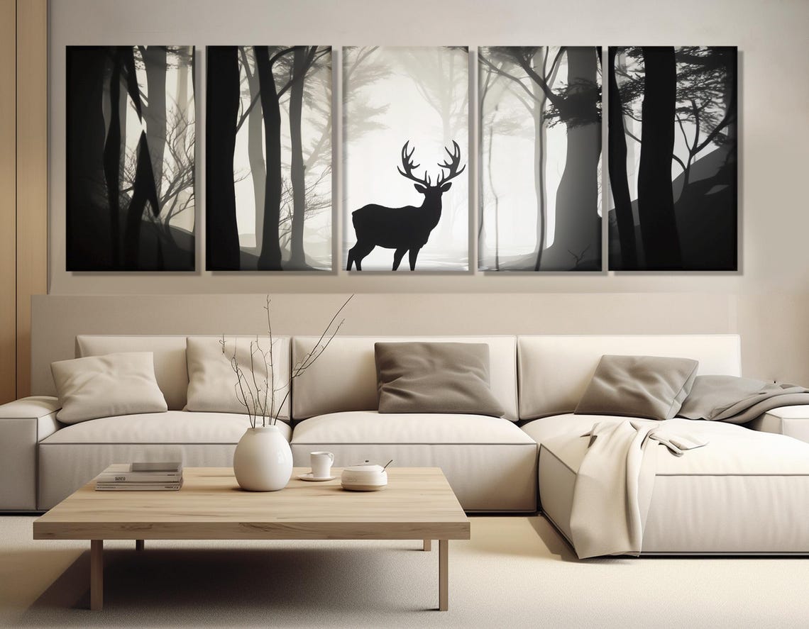 Stag Silhouette Misty Forest Black White Triptych Wildlife Poster - Image 3