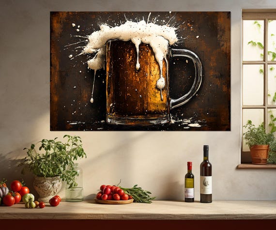 Beer Print Beer Retro Style Painting Pub Wall Decor Kitchen Wall Decor Man Cave Decor Glass Of Beer Framed Ready To Hang