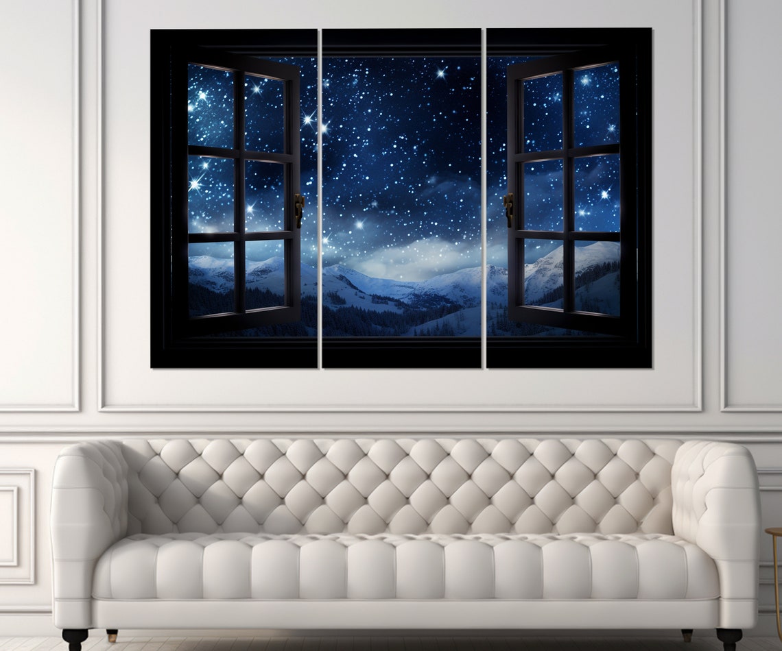 Snowy Mountains Starry Night Sky Open Window Winter Landscape Poster - Image 4