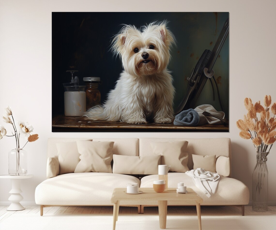 Small White Terrier At Vintage Grooming Station Moody Painting Poster - Image 4