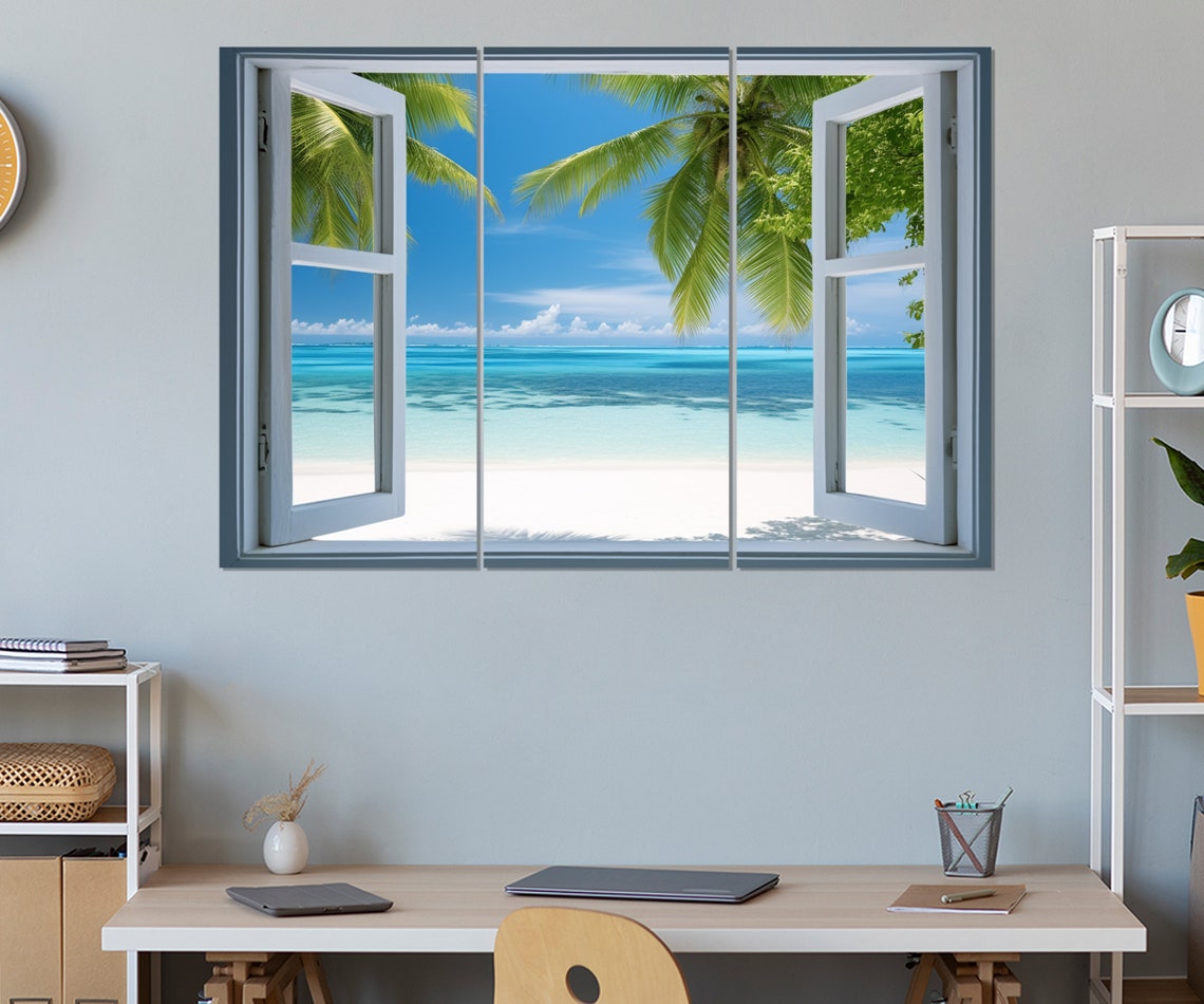 Tropical Beach Open Window Palm Trees Turquoise Sea White Sand Poster - Image 3
