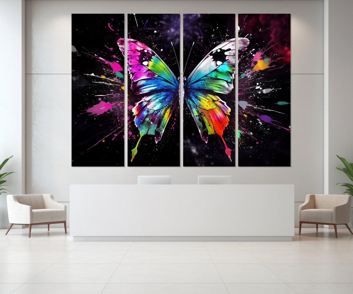 Rainbow Butterfly With Neon Paint Splashes On Black Background Poster - Image 3