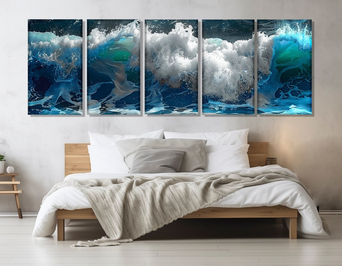 Deep Blue Ocean Wave Crashing Foam Close Up Dramatic Sea Wall Art - Image 3