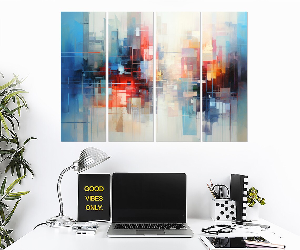 Abstract Geometric City Skyline In Blue Red And Orange Poster - Image 3