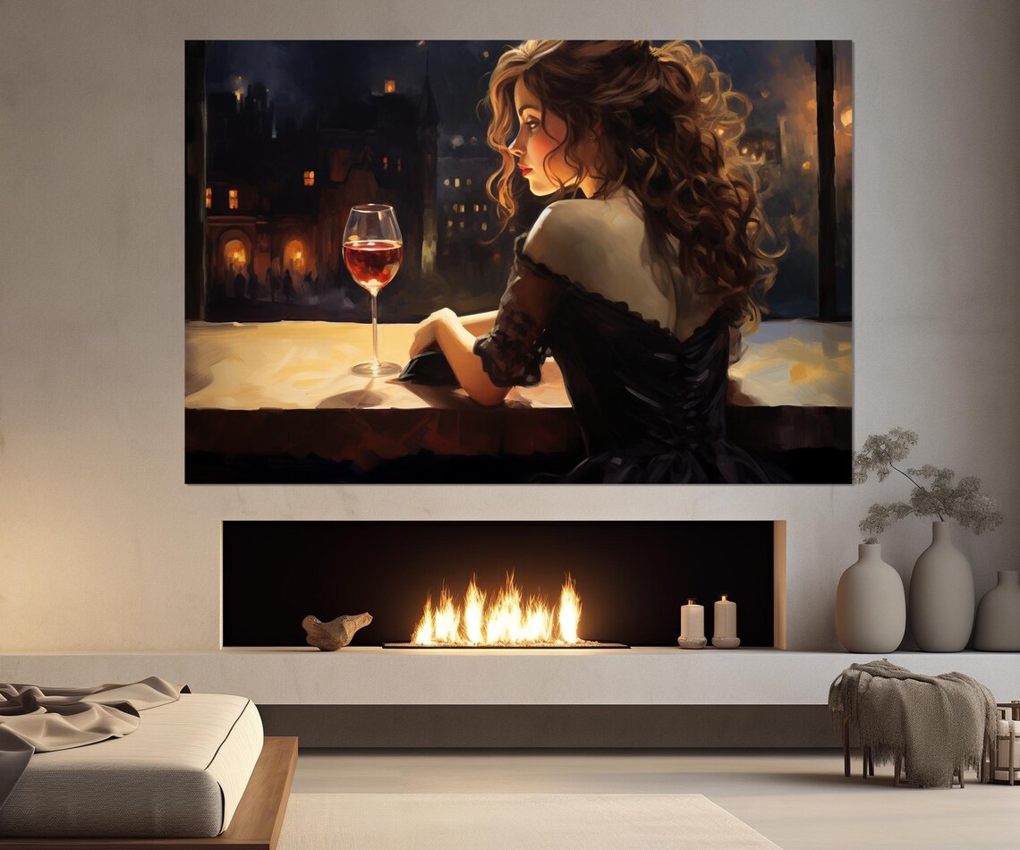 Elegant Lady With Red Wine Glass Night City Lights Romantic Painting Poster - Image 3