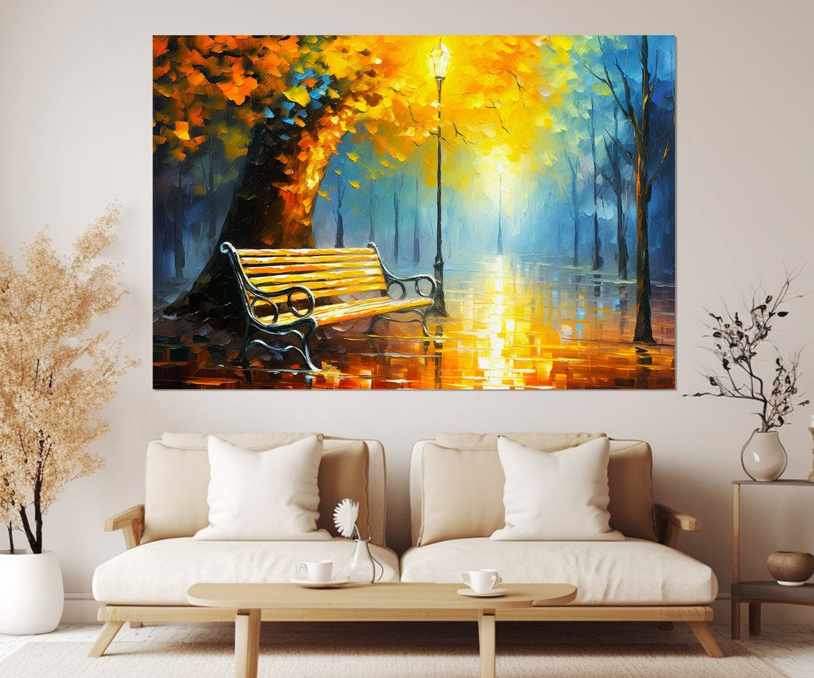 Autumn Park Bench Golden Lamppost Rainy Evening Painting Art Print