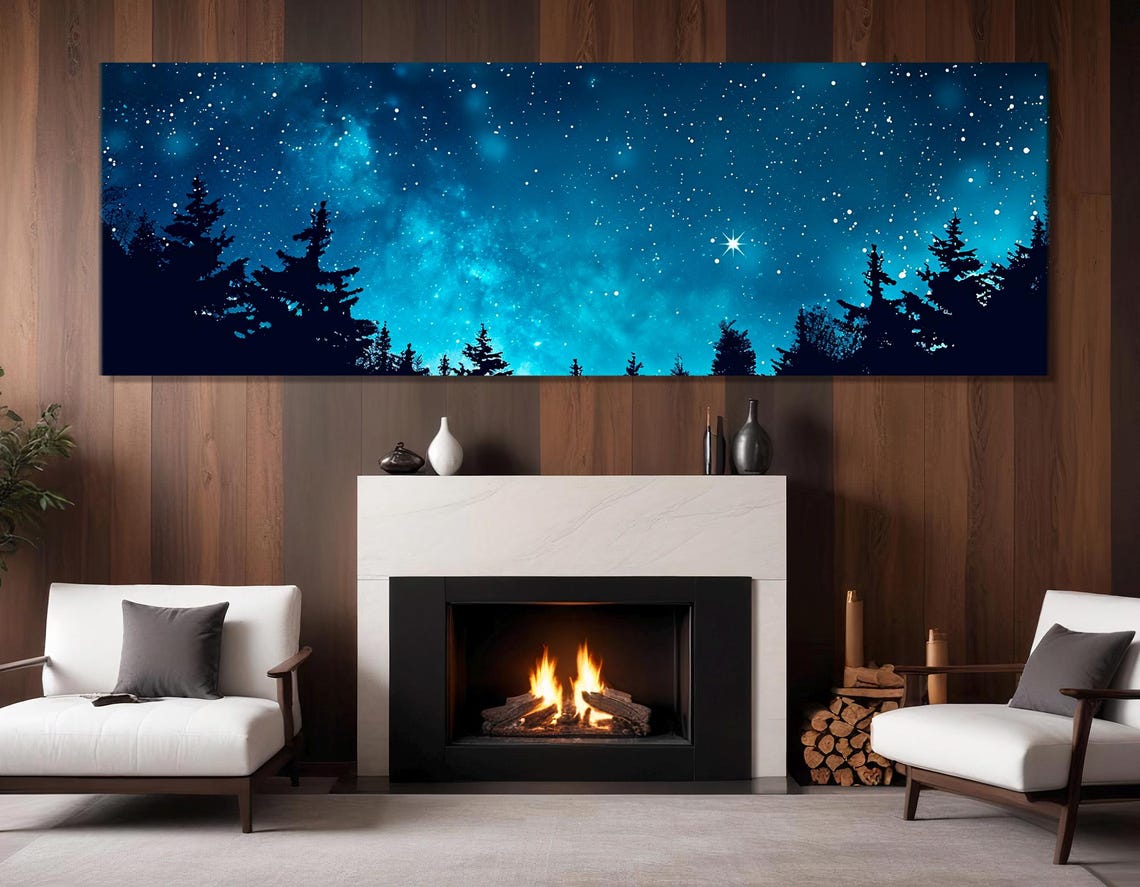Starry Night Sky Over Pine Forest Silhouette Blue Panoramic Poster - Image 2