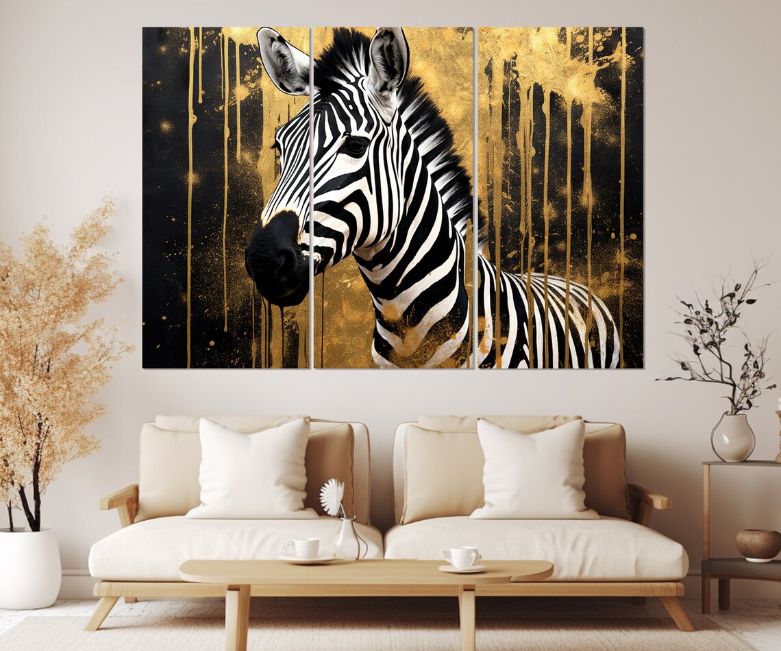 Zebra Portrait Black and Gold Paint Splatter Striking Wildlife Art Poster - Image 3