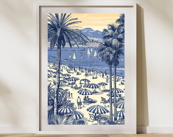 Blue Tone French Riviera Beach Palms Sailboats Coastal Scene Poster
