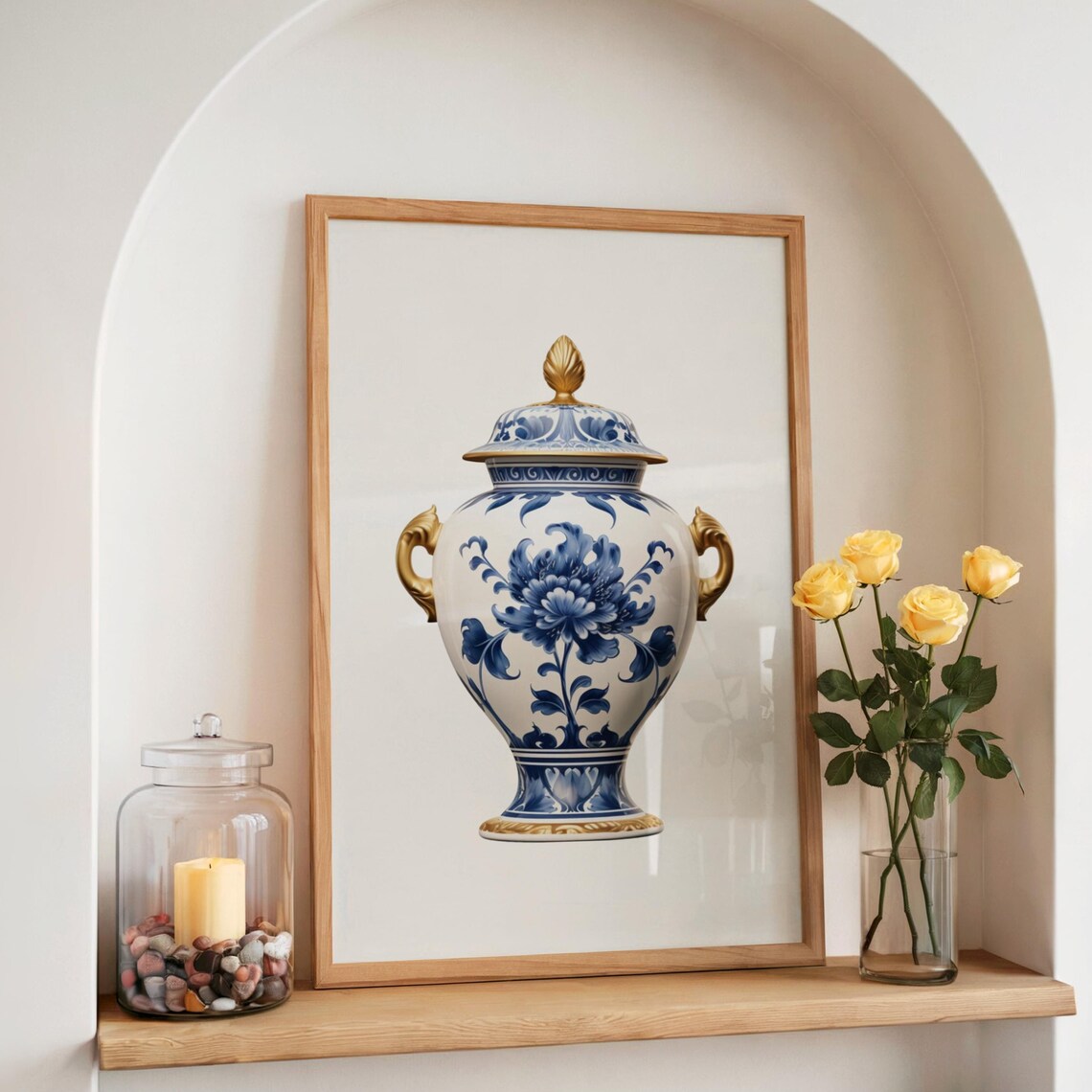 Chinoiserie Ginger Jar Blue White Porcelain Gold Handles Decor Poster