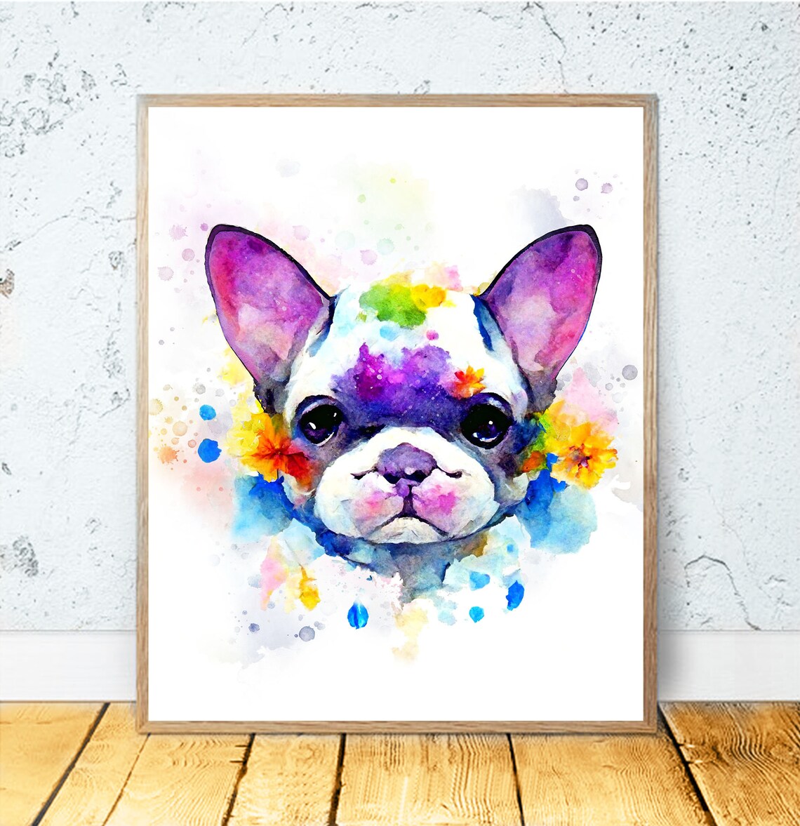 French Bulldog Puppy Rainbow Watercolor Cute Dog Portrait Poster