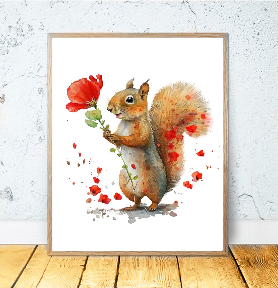 Cute Squirrel Holding Red Poppy With Falling Petals Whimsical Poster