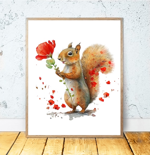 Cute Squirrel Holding Red Poppy With Falling Petals Whimsical Poster
