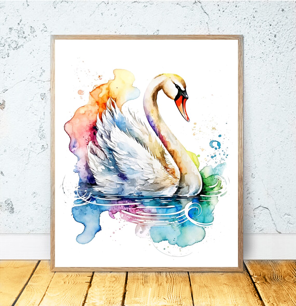 Swan Watercolor Art Print, Colorful Bird Decor
