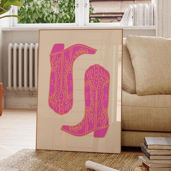 Pink Orange Wall Art Cowboy Boots Print Girly Dorm Trendy Wall Art Pink Wall Art Cowgirl Decor Aesthetic Room Decor Pink Prints