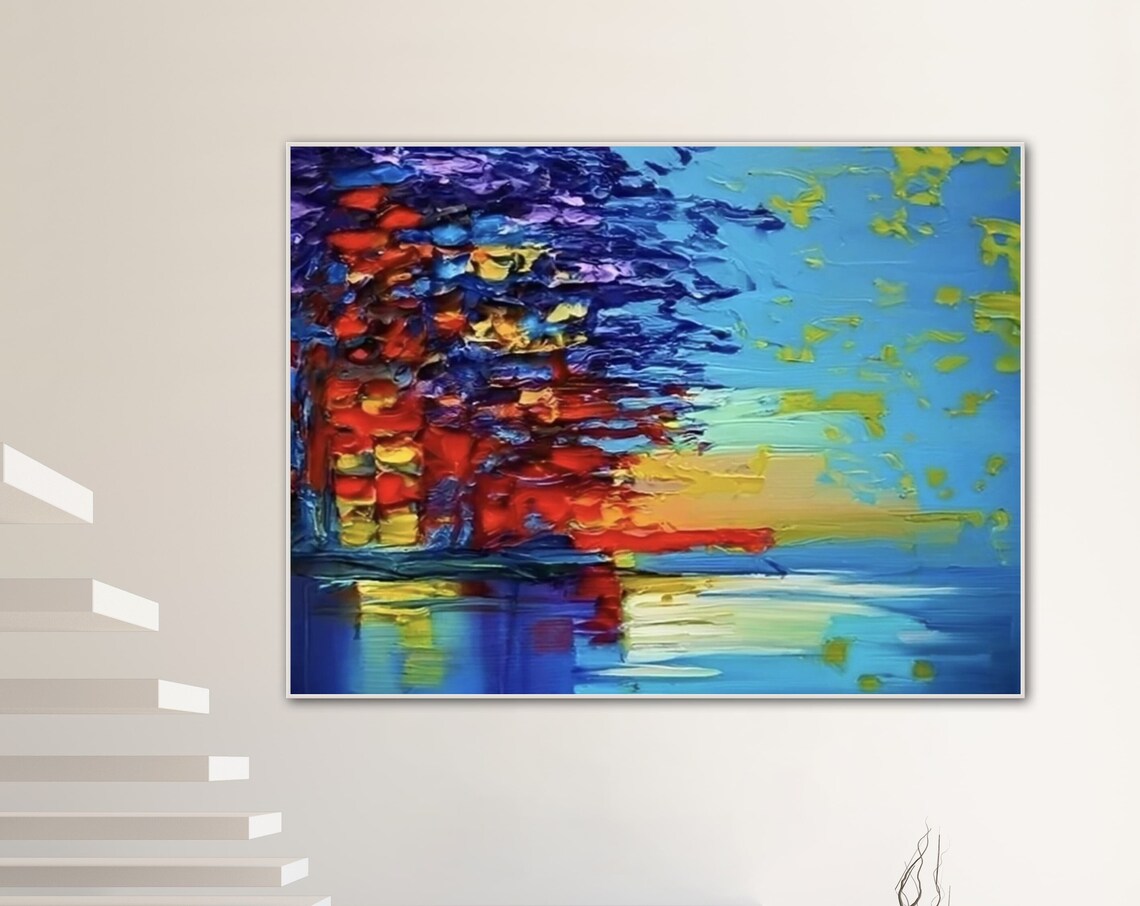 Blue and Red Abstract Tree Beside the Water Impasto Art Poster