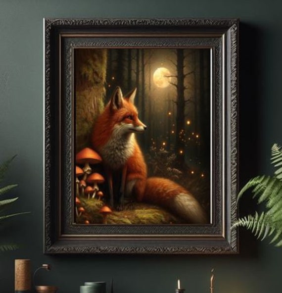 Red Fox In Dark Fantasy Forest Mushrooms Moss Trees Fireflies Nature Vintage Painting Academia Gothic Art Print