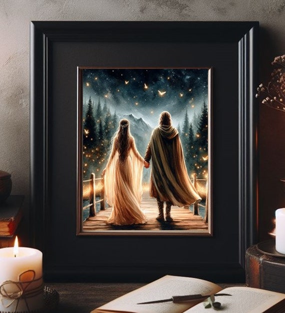 Aragorn Arwen Holding Hands On Bridge Lord Of The Rings Forest Fireflies Watercolor Painting Wall Art